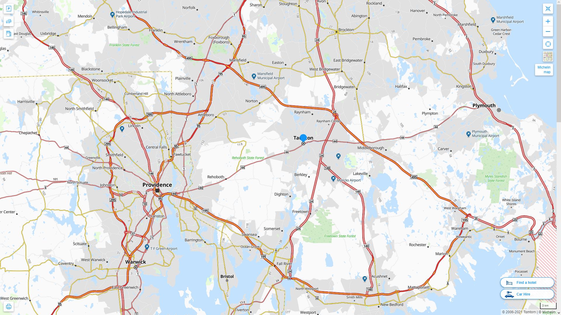 Taunton Massachusetts Highway and Road Map